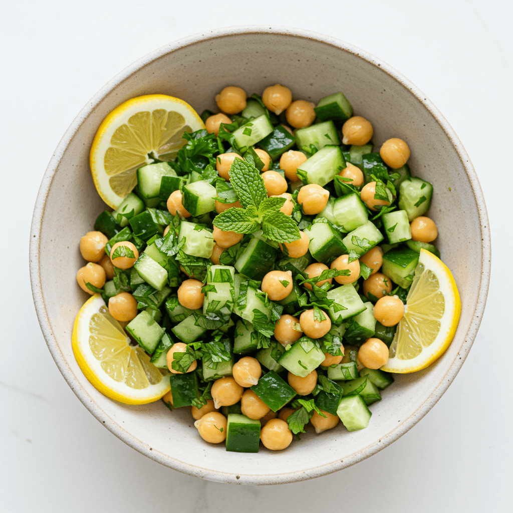 Cucumber Chickpea Salad in bowl