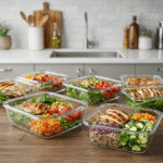 Meal prep & planning guide kitchen scene with prepped ingredients