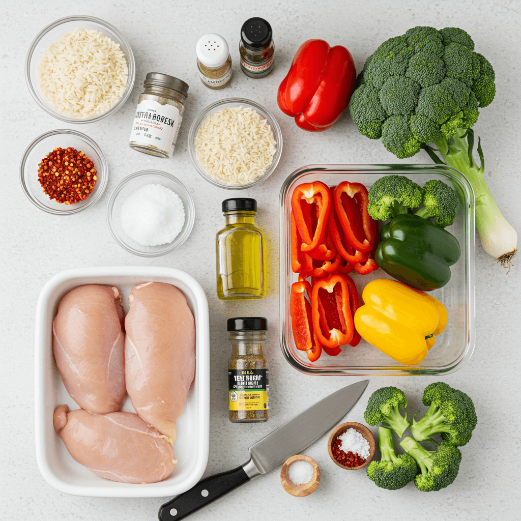 Meal prep ingredients laid out for planning and batch cooking