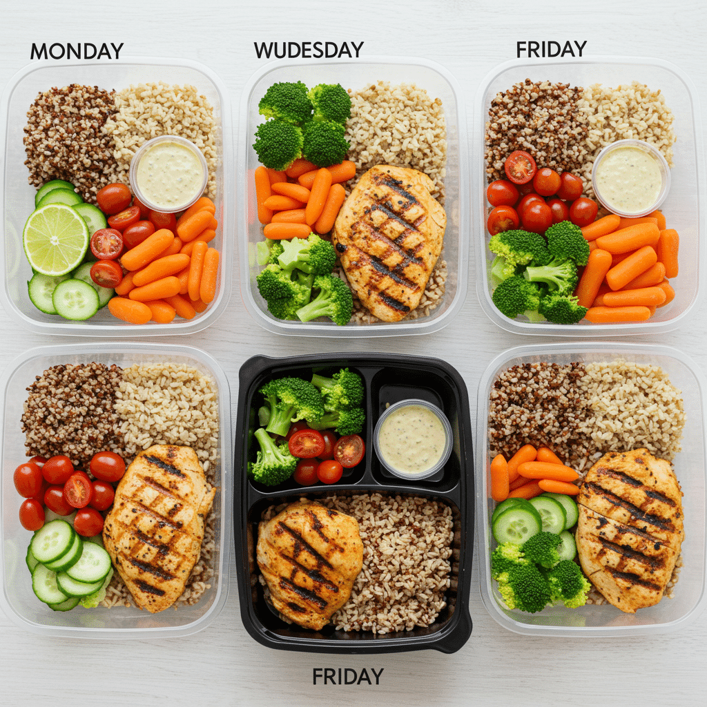 Finished weekly meal prep containers labeled for each weekday