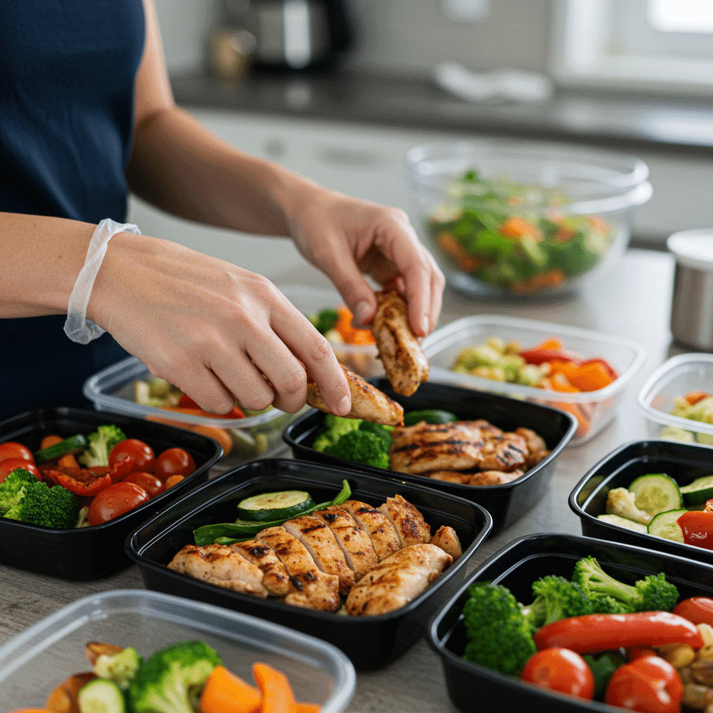 Hands placing food into containers during weekly meal prep