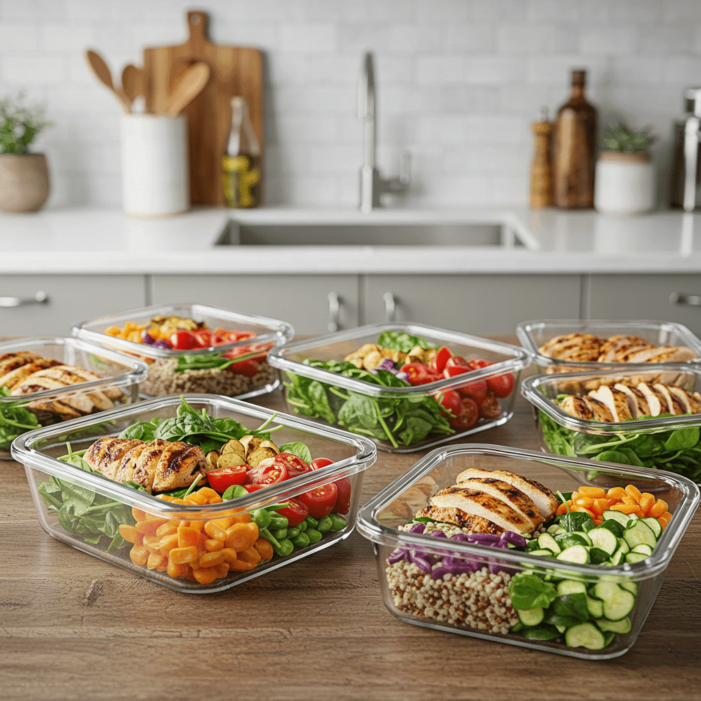 Meal prep & planning guide kitchen scene with prepped ingredients