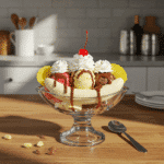 banana split ice cream dessert in classic glass dish