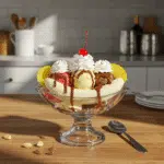 banana split ice cream dessert in classic glass dish
