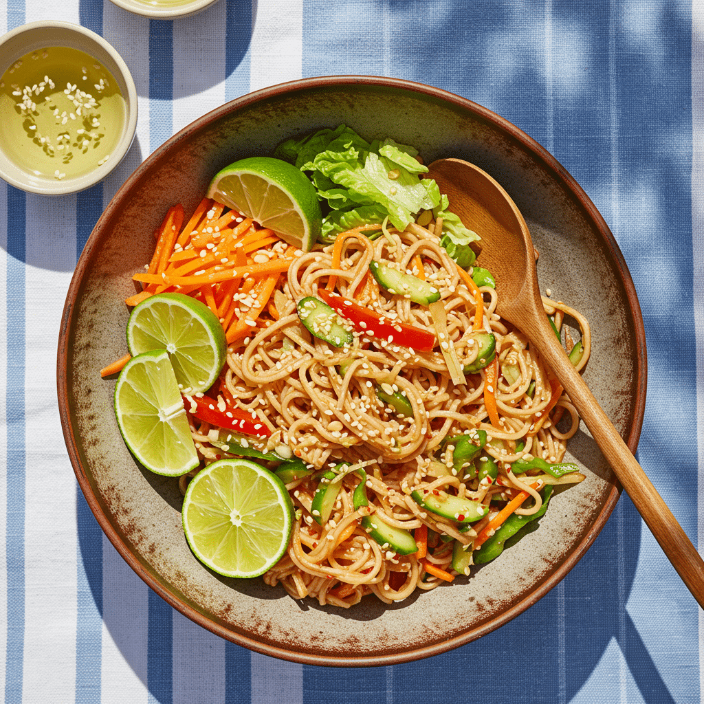 Cold noodle salad with sesame and veggies