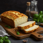Cottage cheese bread loaf sliced on wooden board