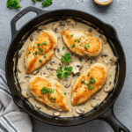 creamy chicken mushroom recipe in skillet with garlic sauce