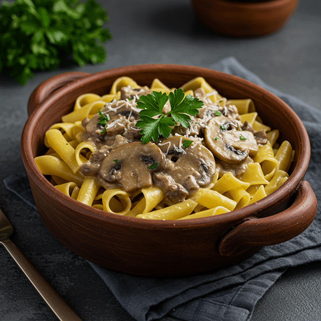 Creamy vegan mushroom stroganoff in a rustic bowl