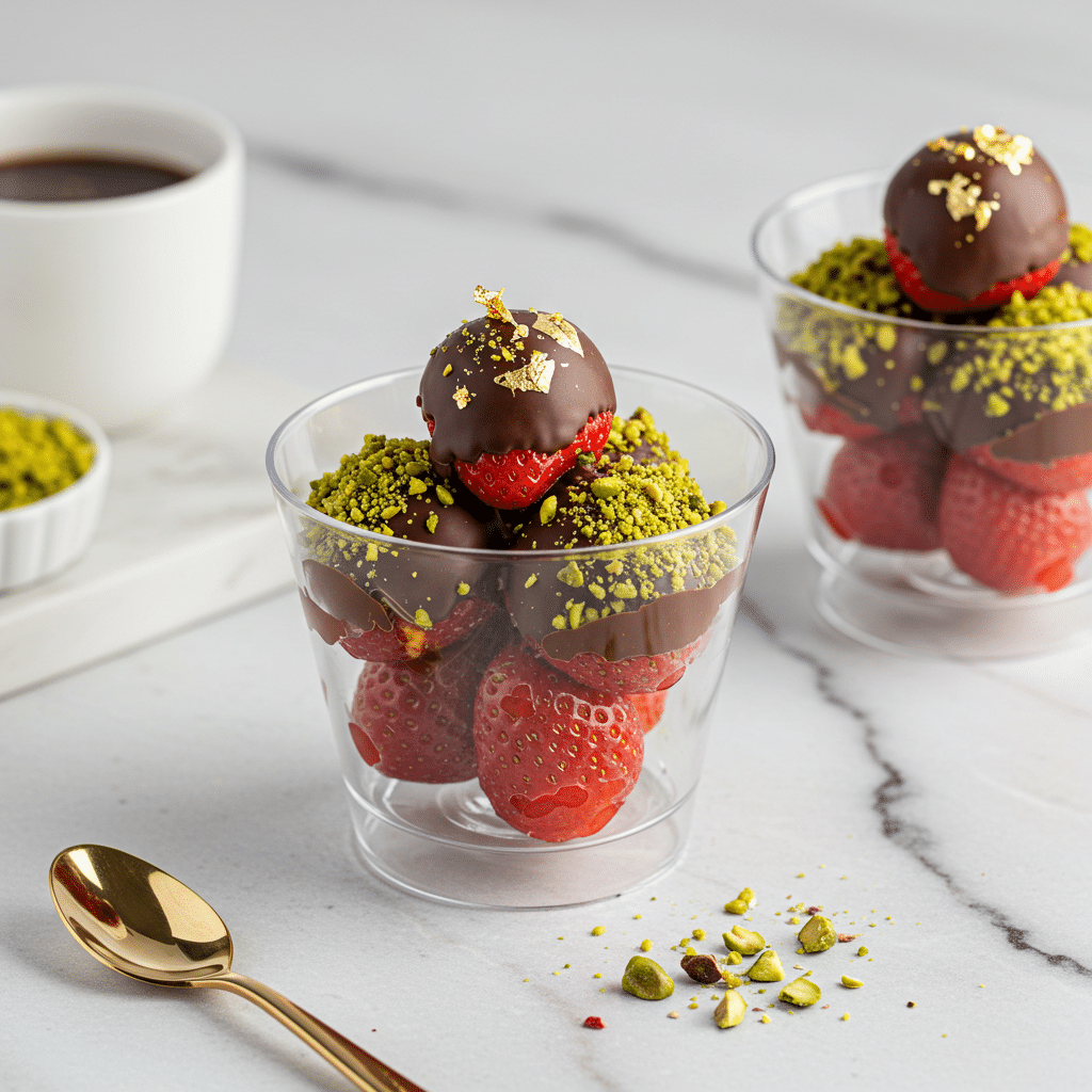 Dubai chocolate strawberries in luxury dessert cup