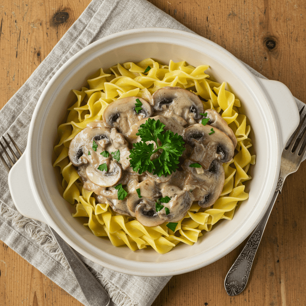 easy creamy mushroom stroganoff served with noodles