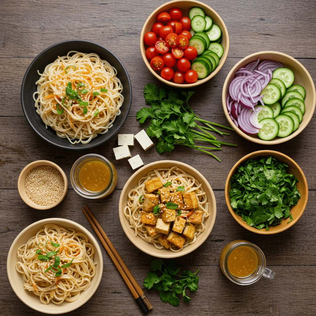 Ingredients for making a healthy cold noodle salad