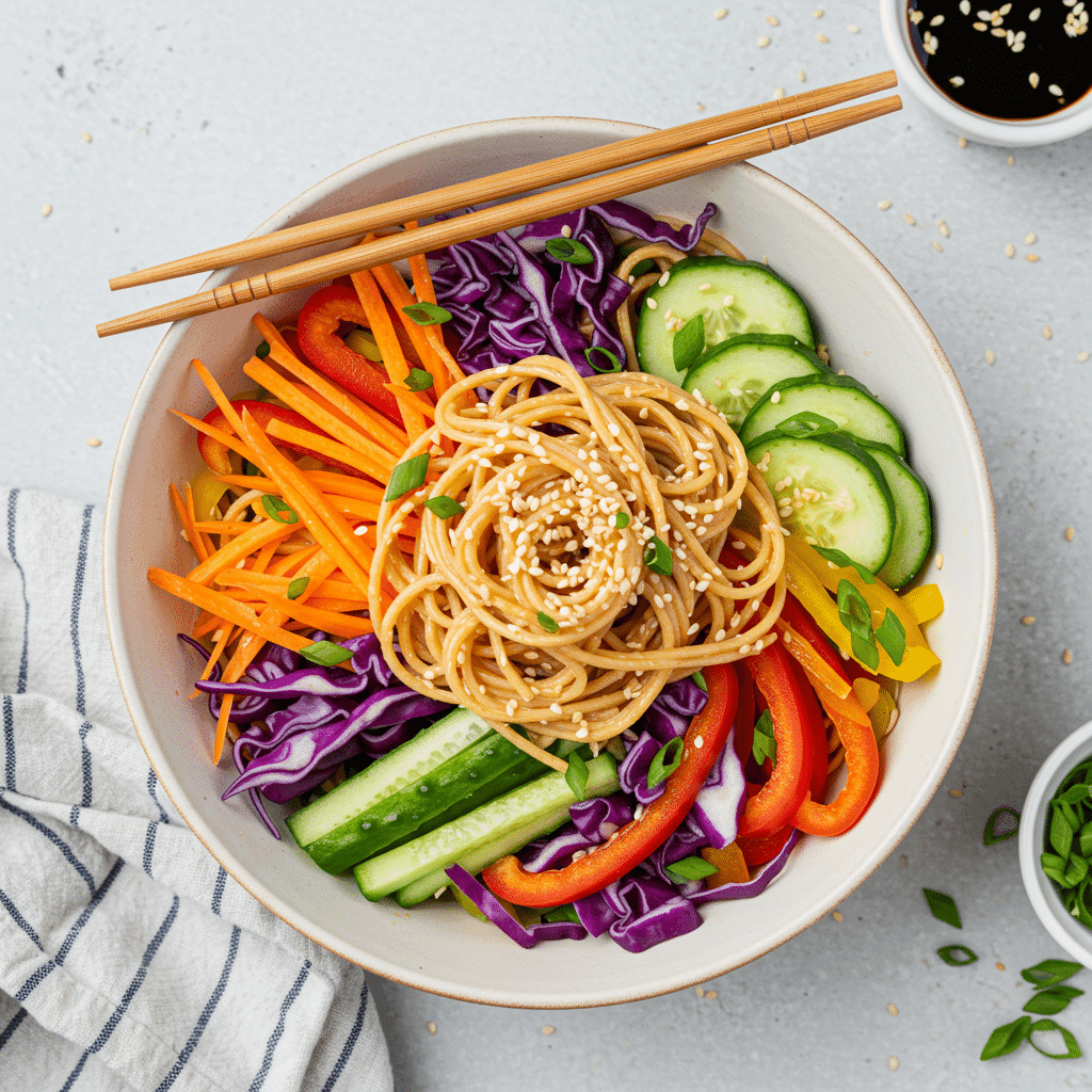 Healthy cold noodle salad with fresh vegetables and sesame seeds
