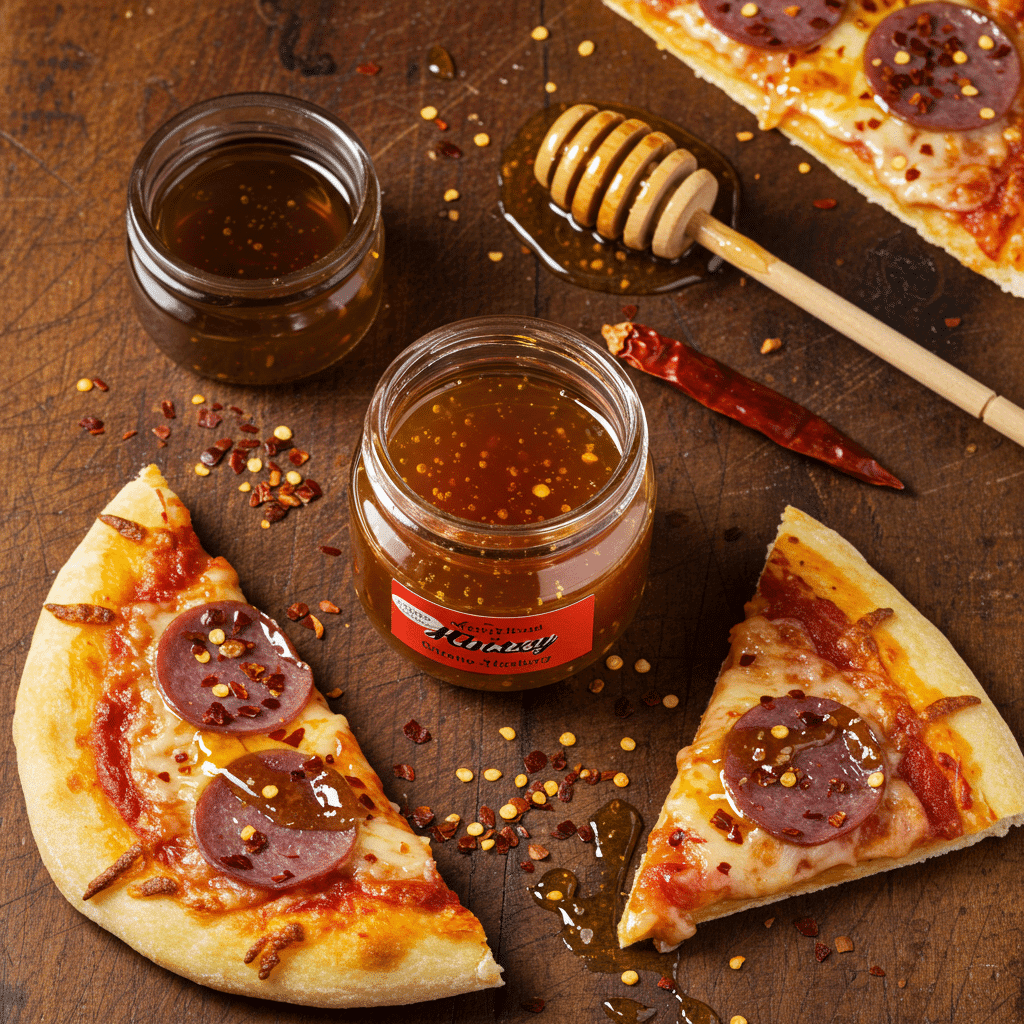Hot honey sauce in glass jar with chili and honey dipper