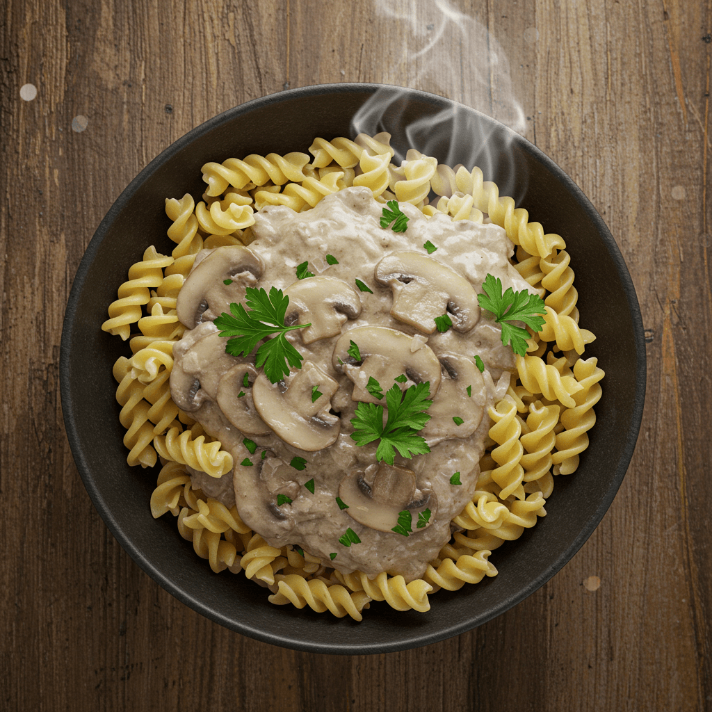 One-pot mushroom stroganoff with creamy sauce and pasta
