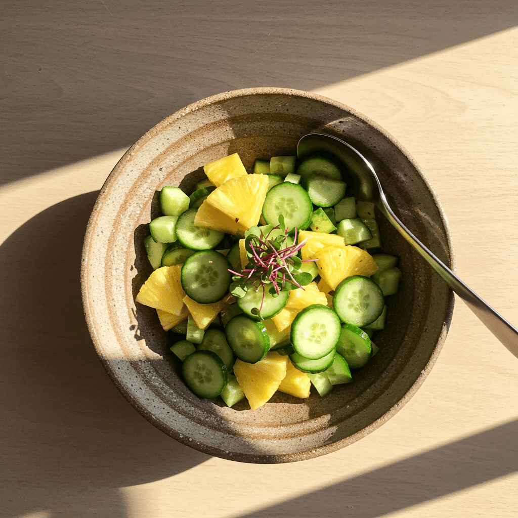 pineapple cucumber salad in ceramic bowl