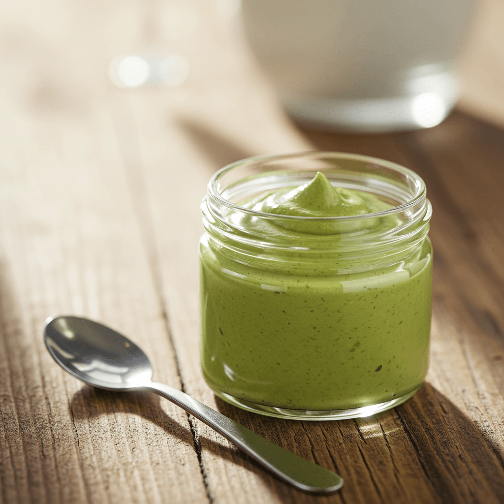 Homemade pistachio cream recipe in glass jar