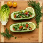 Two halved cucumbers filled with colorful salad mixture containing lettuce, cherry tomatoes, red onion, and lemon wedges, arranged on a bamboo cutting board with fresh dill and romaine lettuce garnish" Keto-Friendly Classic Tuna Cucumber Salad