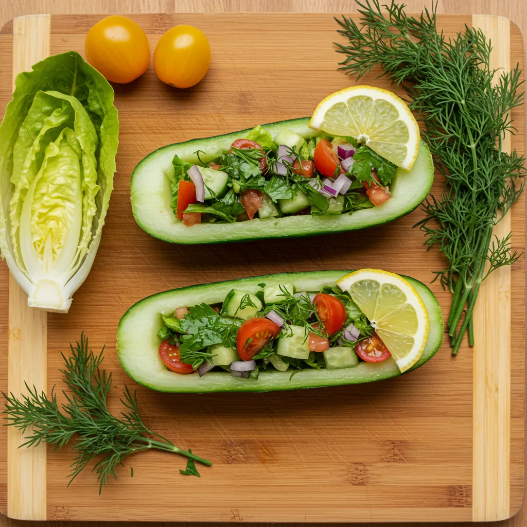 Two halved cucumbers filled with colorful salad mixture containing lettuce, cherry tomatoes, red onion, and lemon wedges, arranged on a bamboo cutting board with fresh dill and romaine lettuce garnish" Keto-Friendly Classic Tuna Cucumber Salad