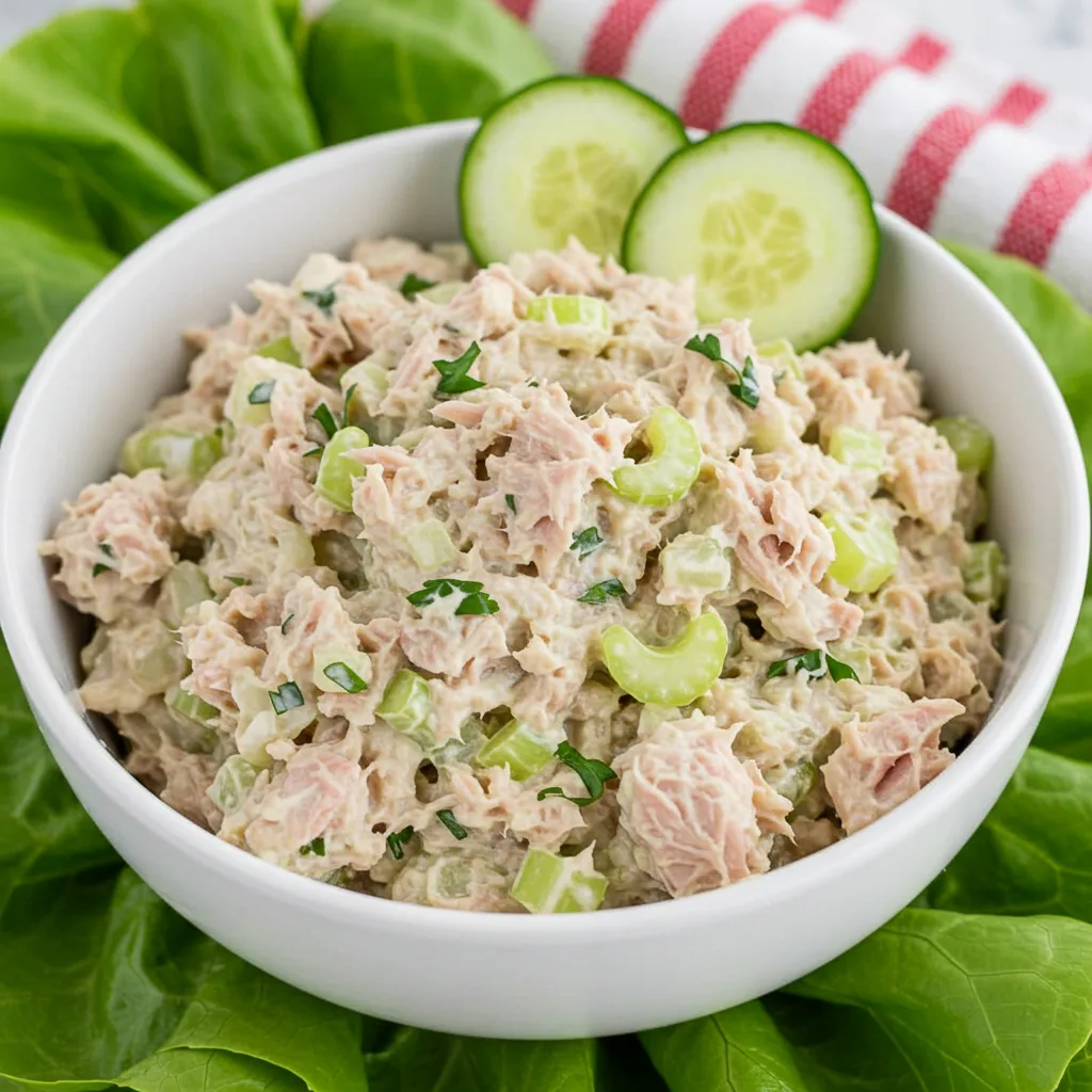 Bowl of chunky tuna salad with diced celery and herbs, garnished with cucumber slices, served on a white plate with lettuce leaves and red striped kitchen towel avocado tuna cucumber salad