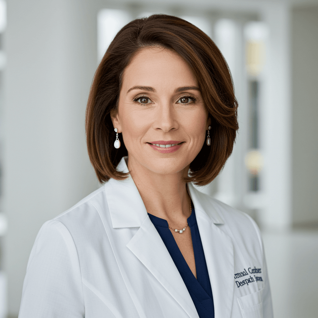 Professional woman in a white medical coat smiling warmly in modern kitchen setting, representing nutrition expertise and healthy meal guidance"