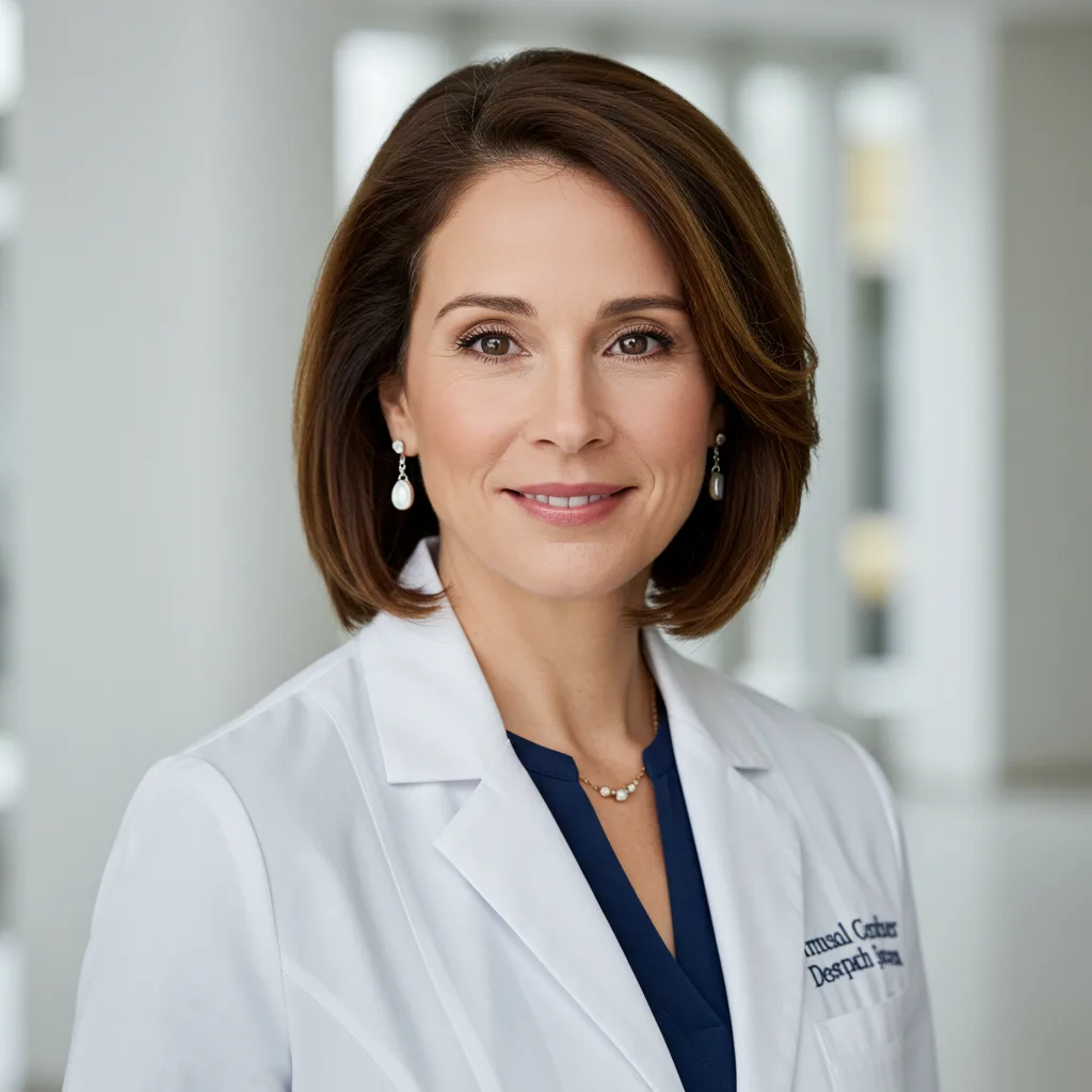 Professional woman in a white medical coat smiling warmly in modern kitchen setting, representing nutrition expertise and healthy meal guidance"
