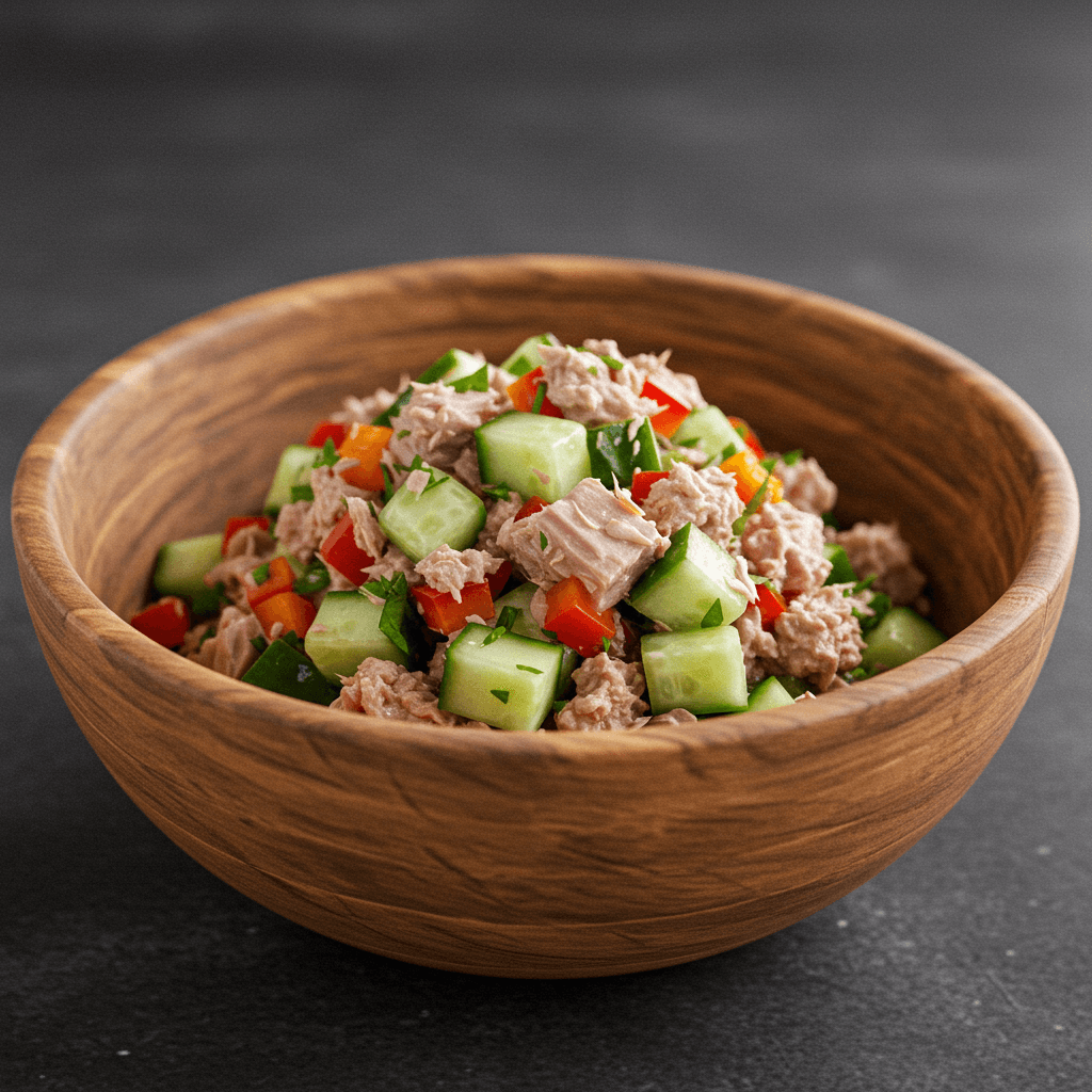 Final plated classic tuna cucumber salad in an attractive serving bowl