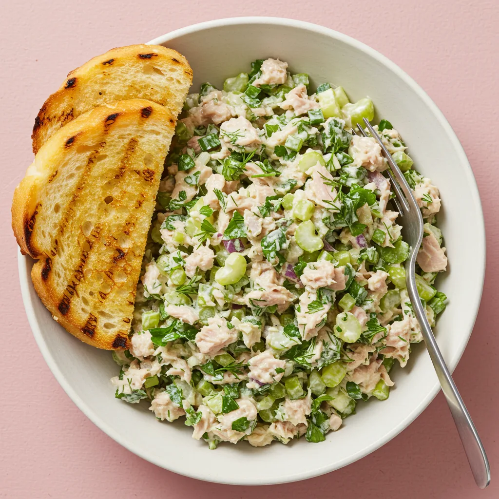 Close-up of a white bowl containing chunky tuna salad mixed with fresh herbs and diced vegetables, served with golden toasted bread slices and a fork on a pink surface