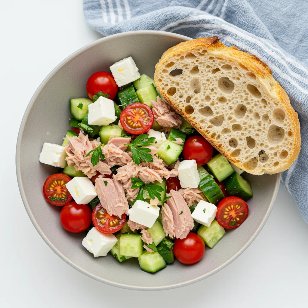 Light gray bowl containing Mediterranean salad with chunks of tuna, diced cucumber, cherry tomatoes, white feta cheese cubes, and fresh herbs, served with sliced ​​artisan bread and blue striped kitchen towel