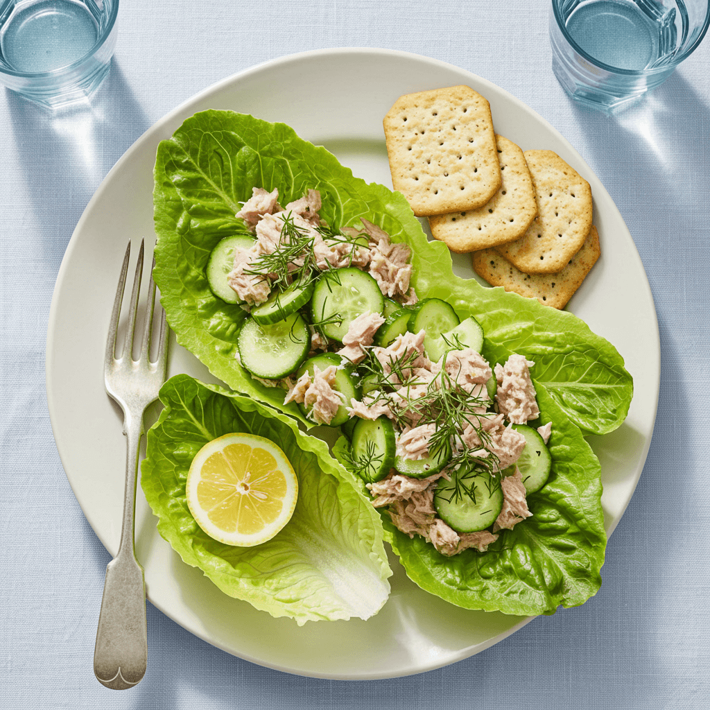 Tuna cucumber salad served on lettuce with lemon and crackers
