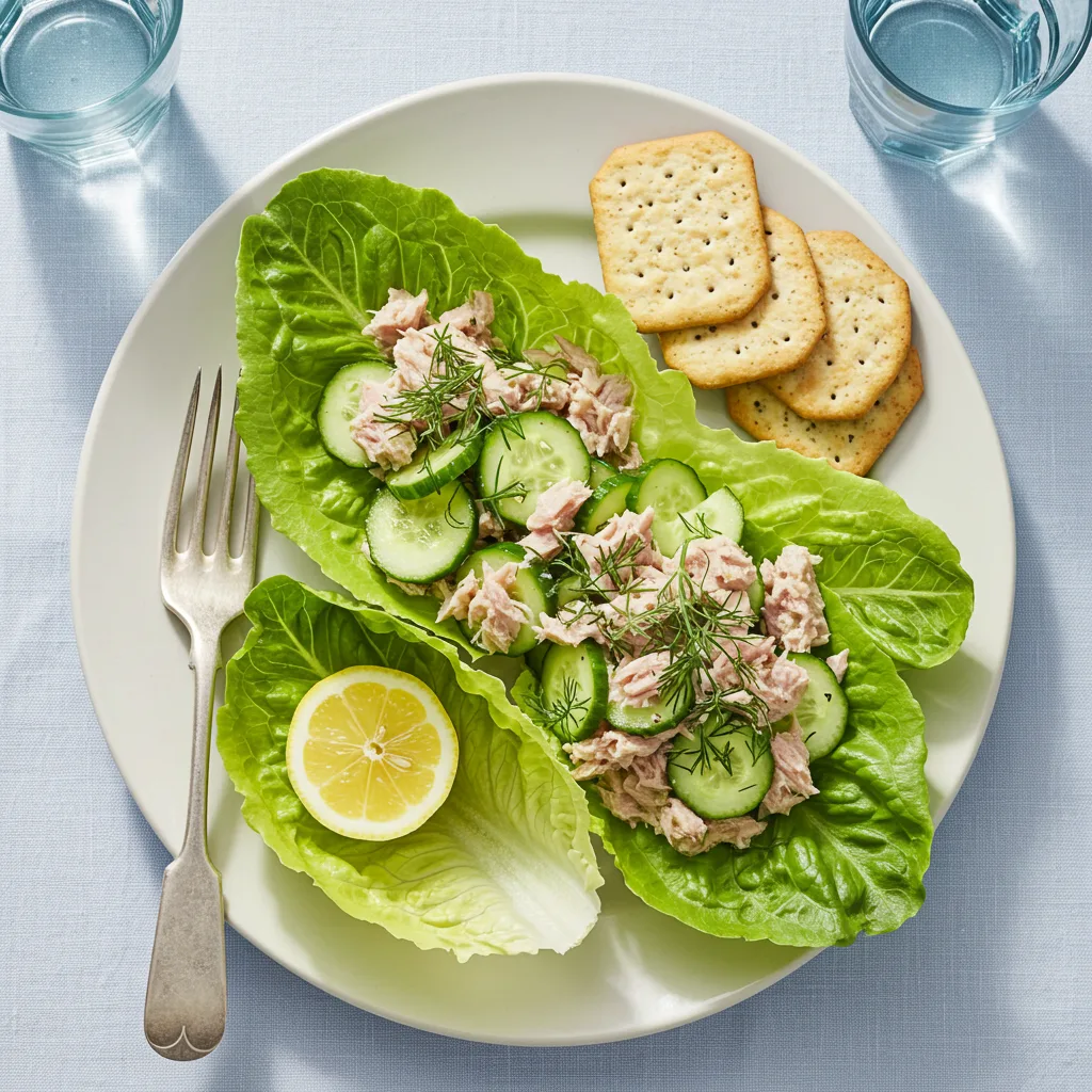 Tuna cucumber salad served on lettuce with lemon and crackers