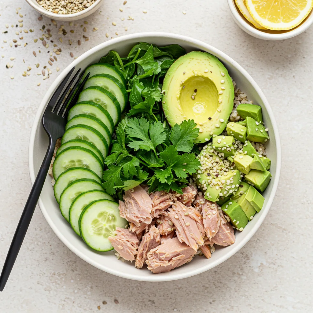 Healthy Buddha bowl containing sliced cucumbers, flaked tuna, chopped herbs, diced avocado, and hemp seeds arranged in a white ceramic bowl on a textured stone surface