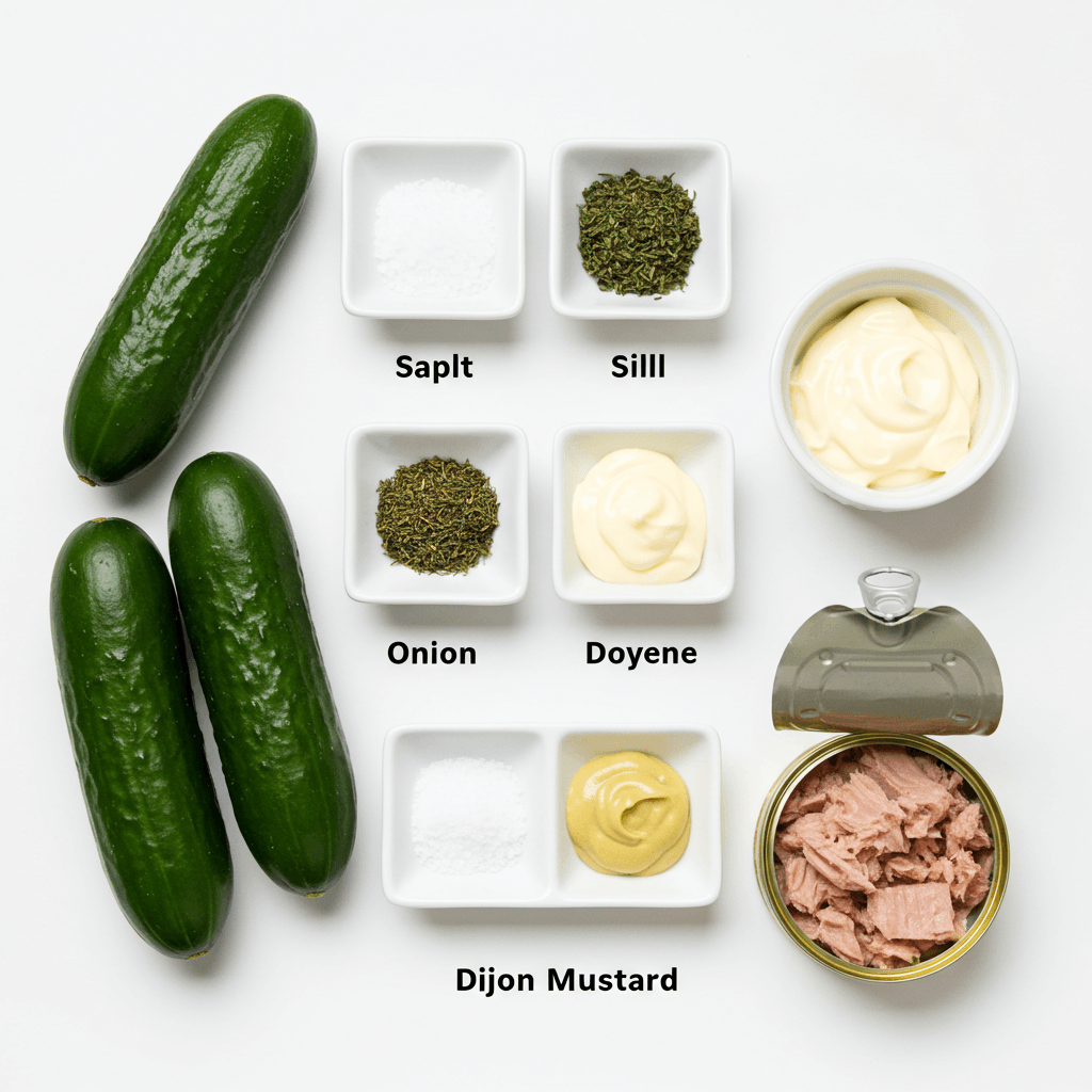 Overhead view of Healthy Tuna Cucumber Salad ingredients laid out on white background including fresh cucumbers, spice portions, mayonnaise, Dijon mustard, and canned tuna with black text labels identifying each ingredient"