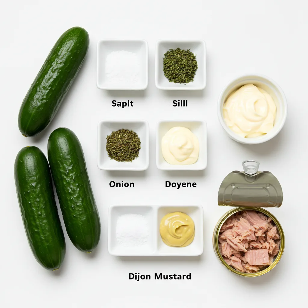 Overhead view of Healthy Tuna Cucumber Salad ingredients laid out on white background including fresh cucumbers, spice portions, mayonnaise, Dijon mustard, and canned tuna with black text labels identifying each ingredient"