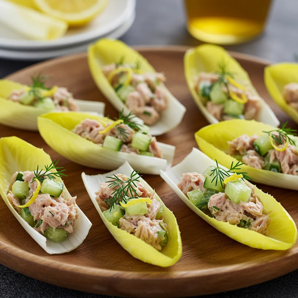 Serving tuna cucumber salad in endive leaves with lemon juice
