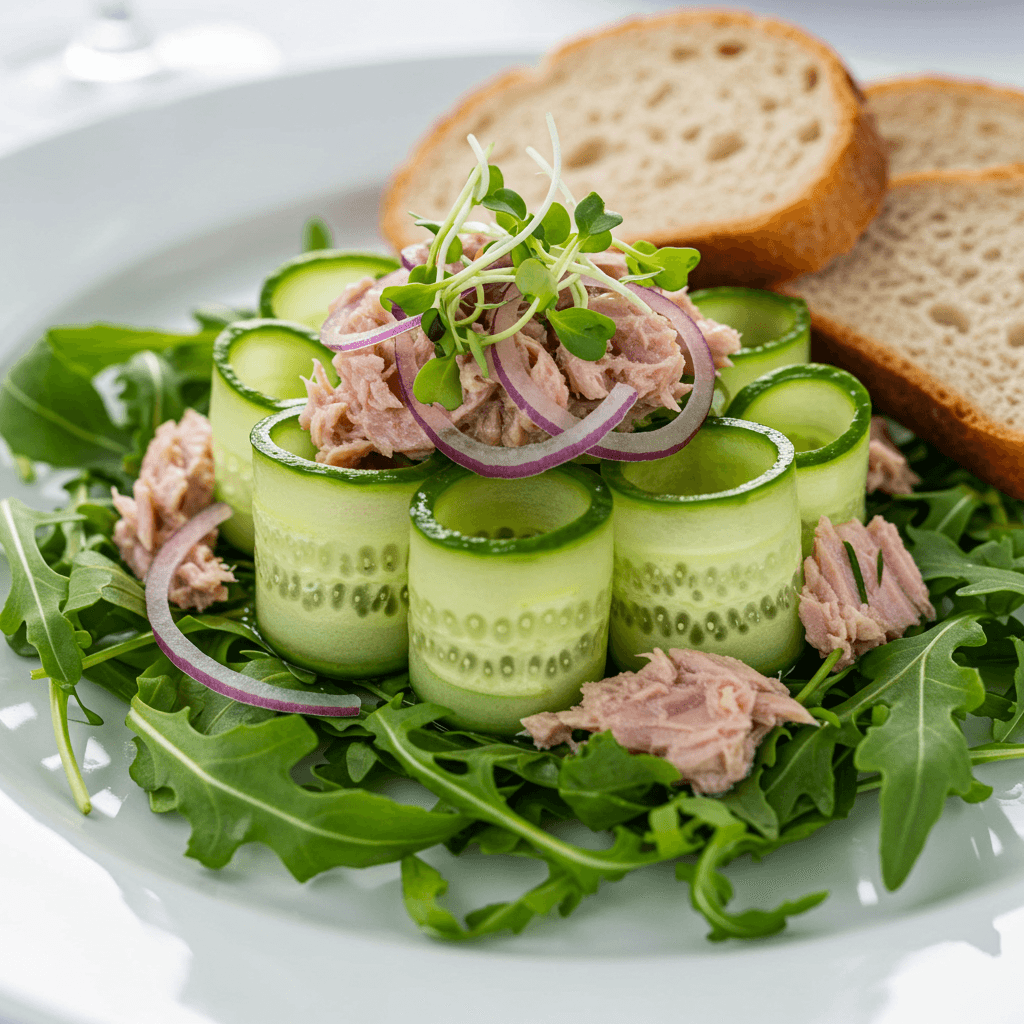 Serving tuna cucumber salad red onion on arugula