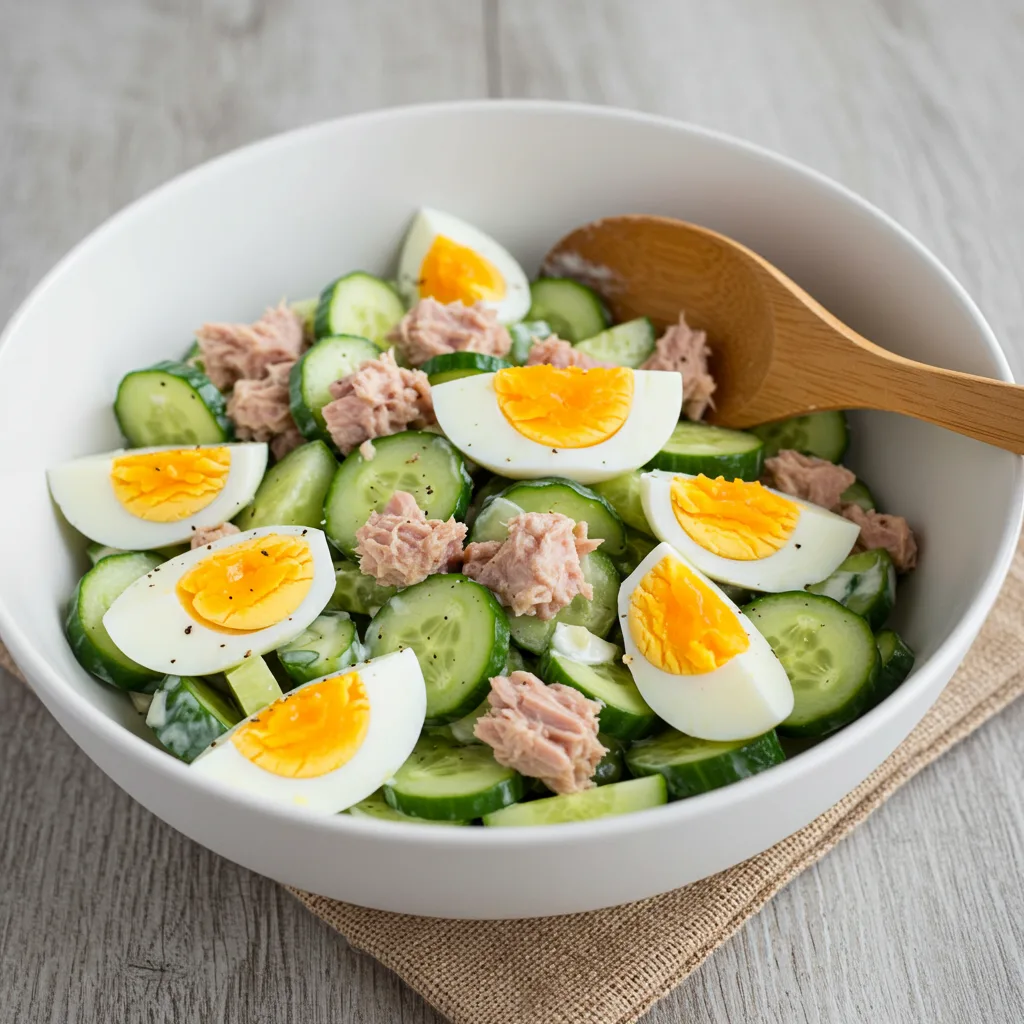 Tuna cucumber salad with hard-boiled eggs protein meal
