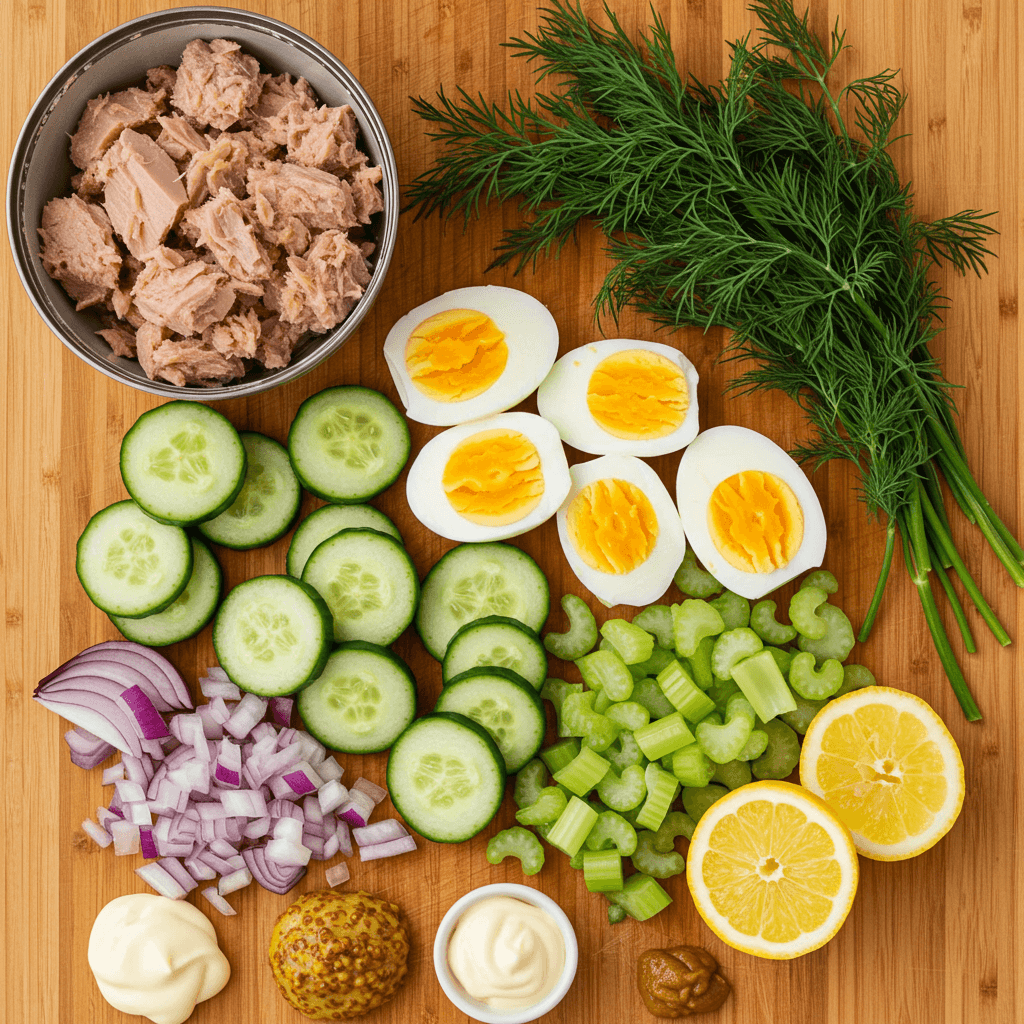 Ingredients for tuna cucumber salad with hard-boiled eggs