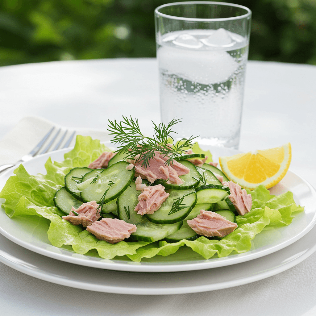 Served tuna cucumber salad with hard-boiled eggs