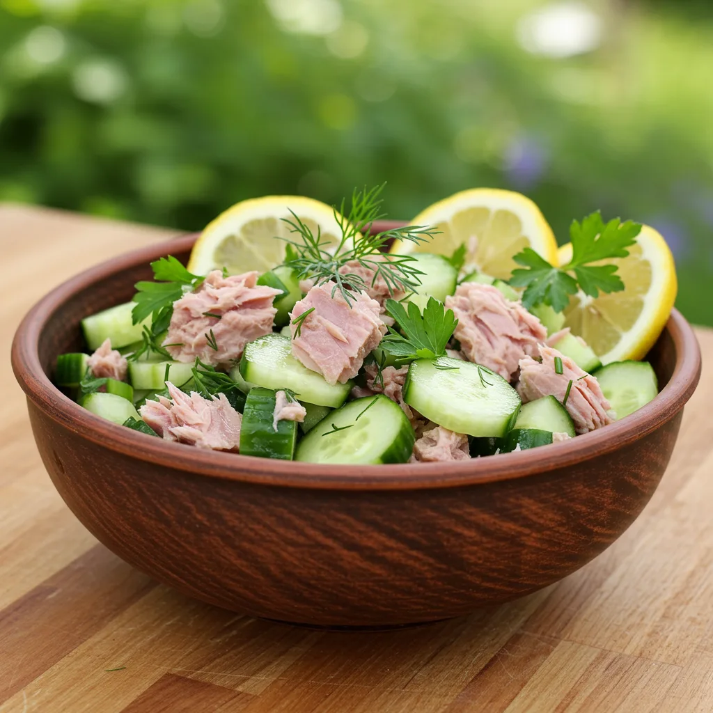 Tuna cucumber salad with lemon juice in rustic bowl
