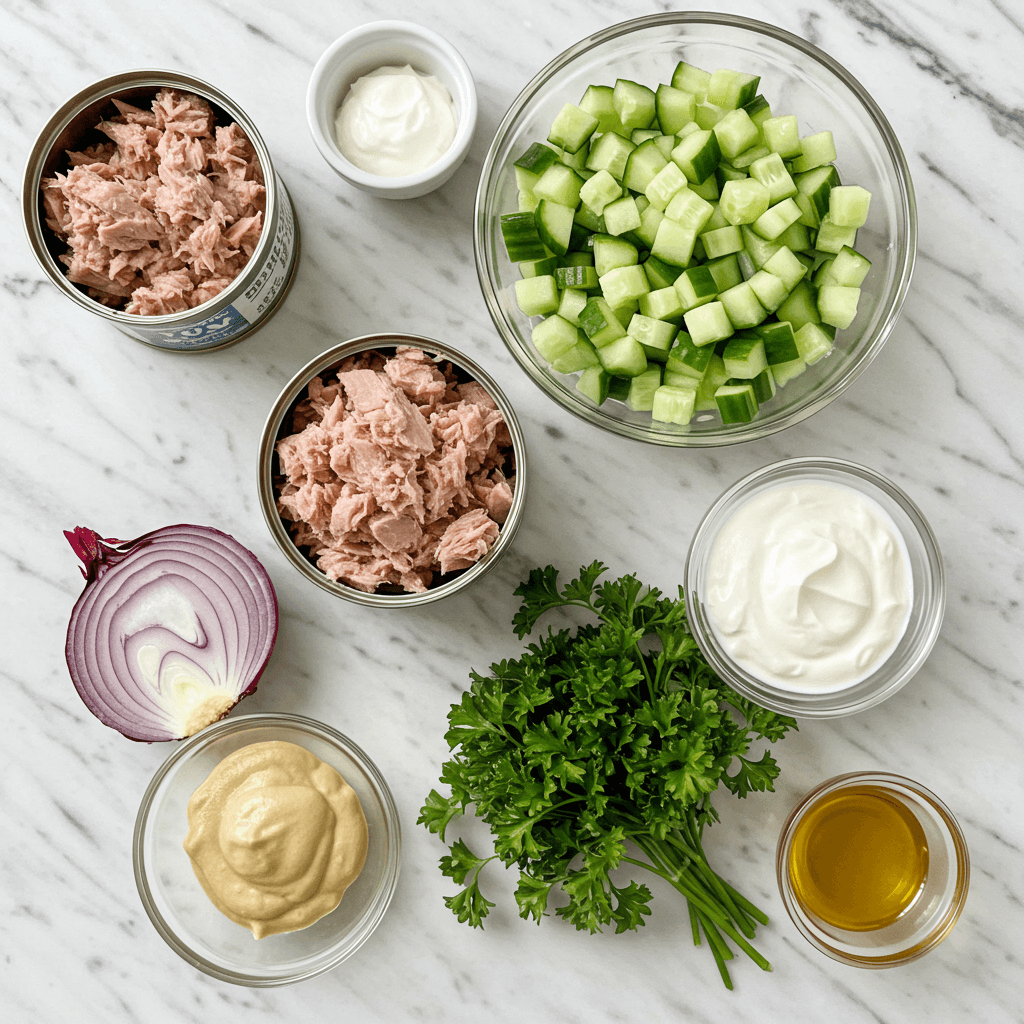 Text: Tuna cucumber salad red onion ingredients on marble background