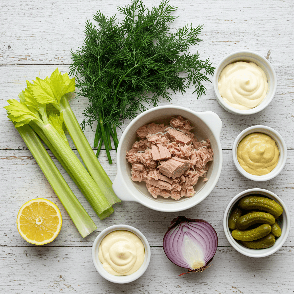 Ingredients for tuna salad arranged on white wooden surface including bowl of flaked tuna, celery stalks, fresh dill, lemon half, mayonnaise, sliced red onion, mustard, and pickles in small bowl Keto-Friendly Keto-Friendly Classic Tuna Cucumber Salad