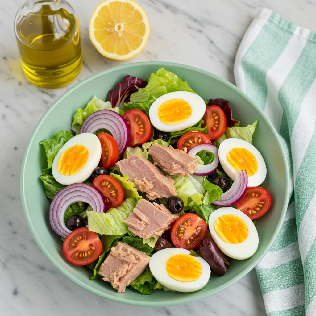 Colorful Niçoise salad in a mint green bowl containing mixed greens, chunks of tuna, halved hard-boiled eggs, cherry tomato wedges, and sliced red onion, with olive oil and lemon in the background Tuna in Water vs Oil