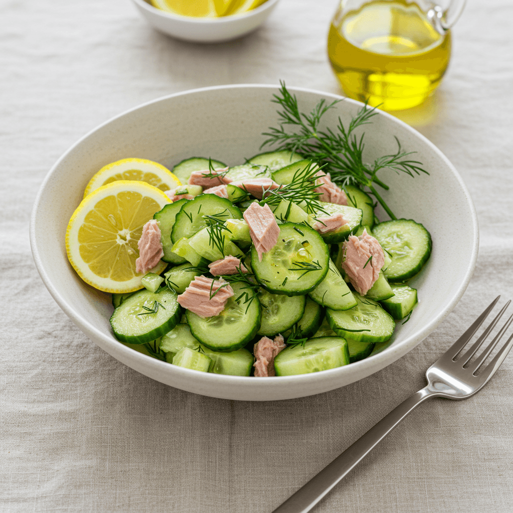 cucumber tuna salad served in a white bowl with lemon garnish