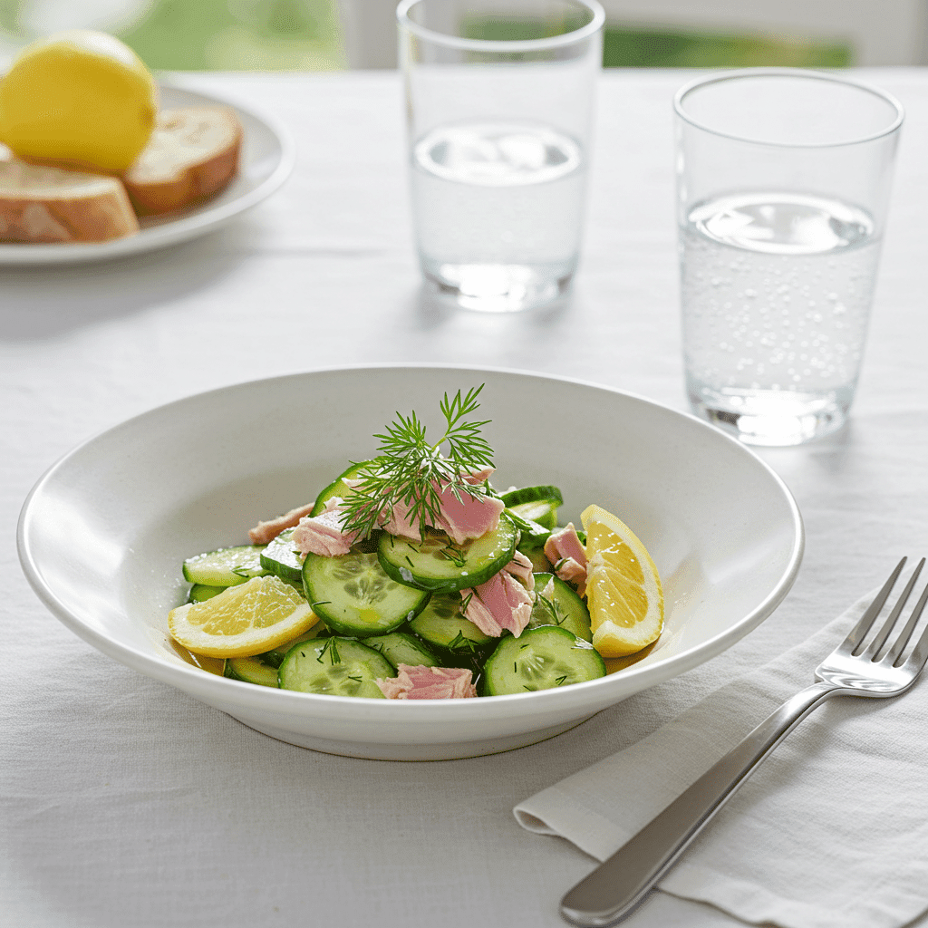 Serving sustainable tuna cucumber salad with eco-friendly tuna