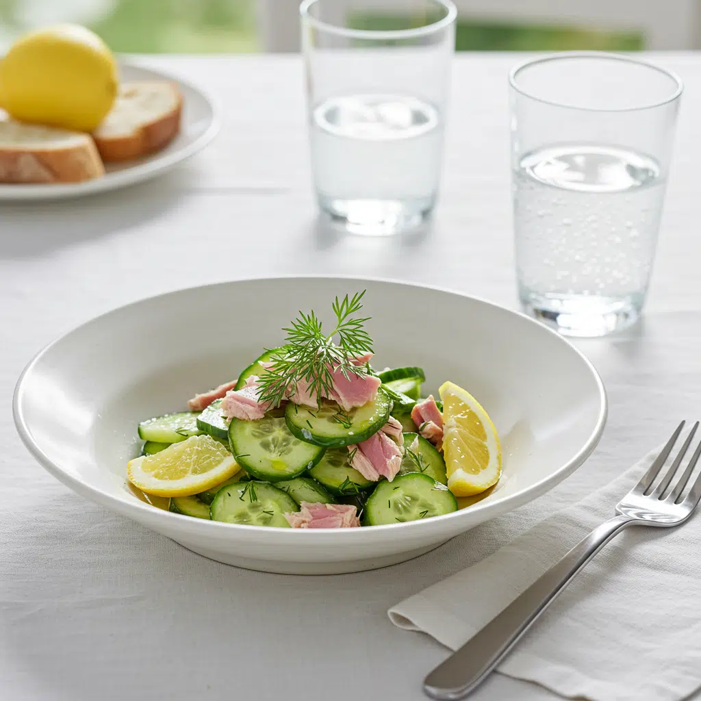 Serving sustainable tuna cucumber salad with eco-friendly tuna