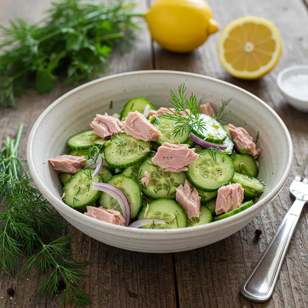 Sustainable seafood tuna cucumber salad with eco-friendly tuna