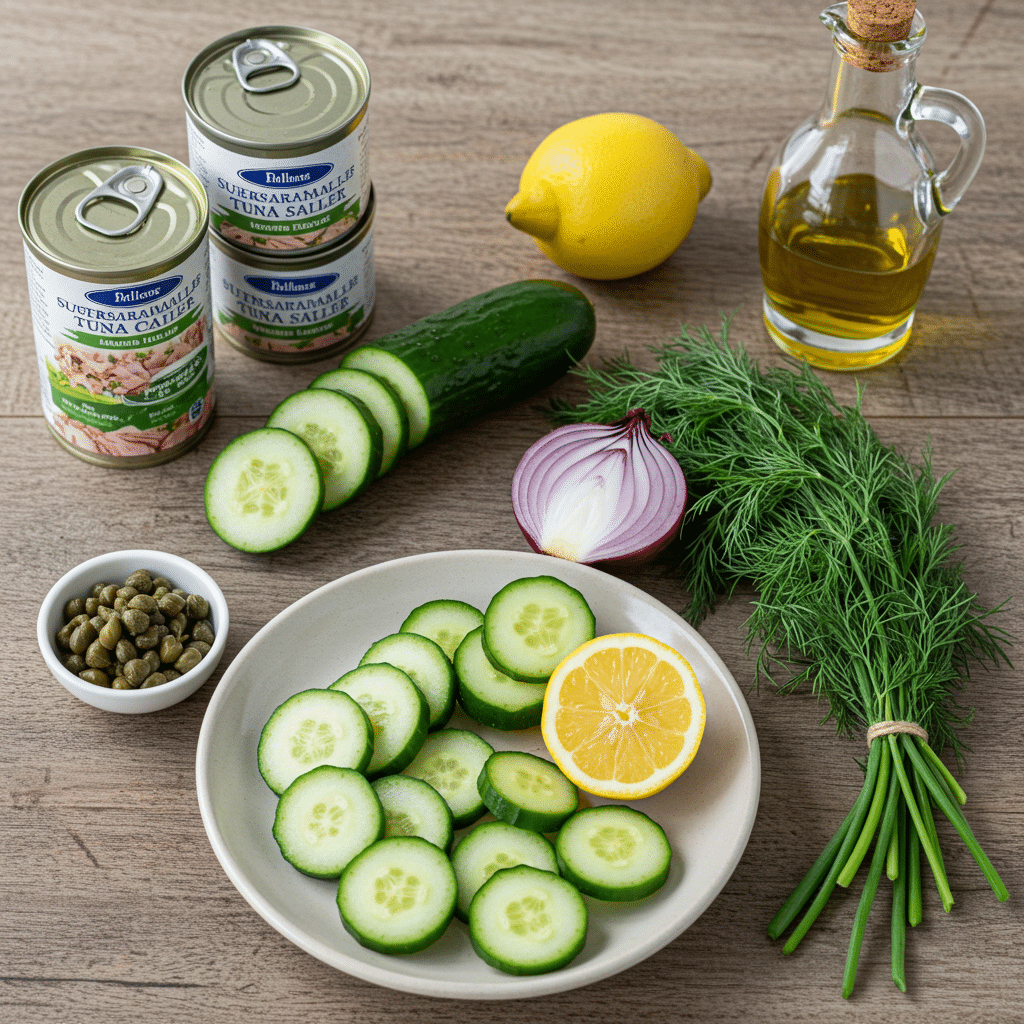 Ingredients for sustainable tuna cucumber salad