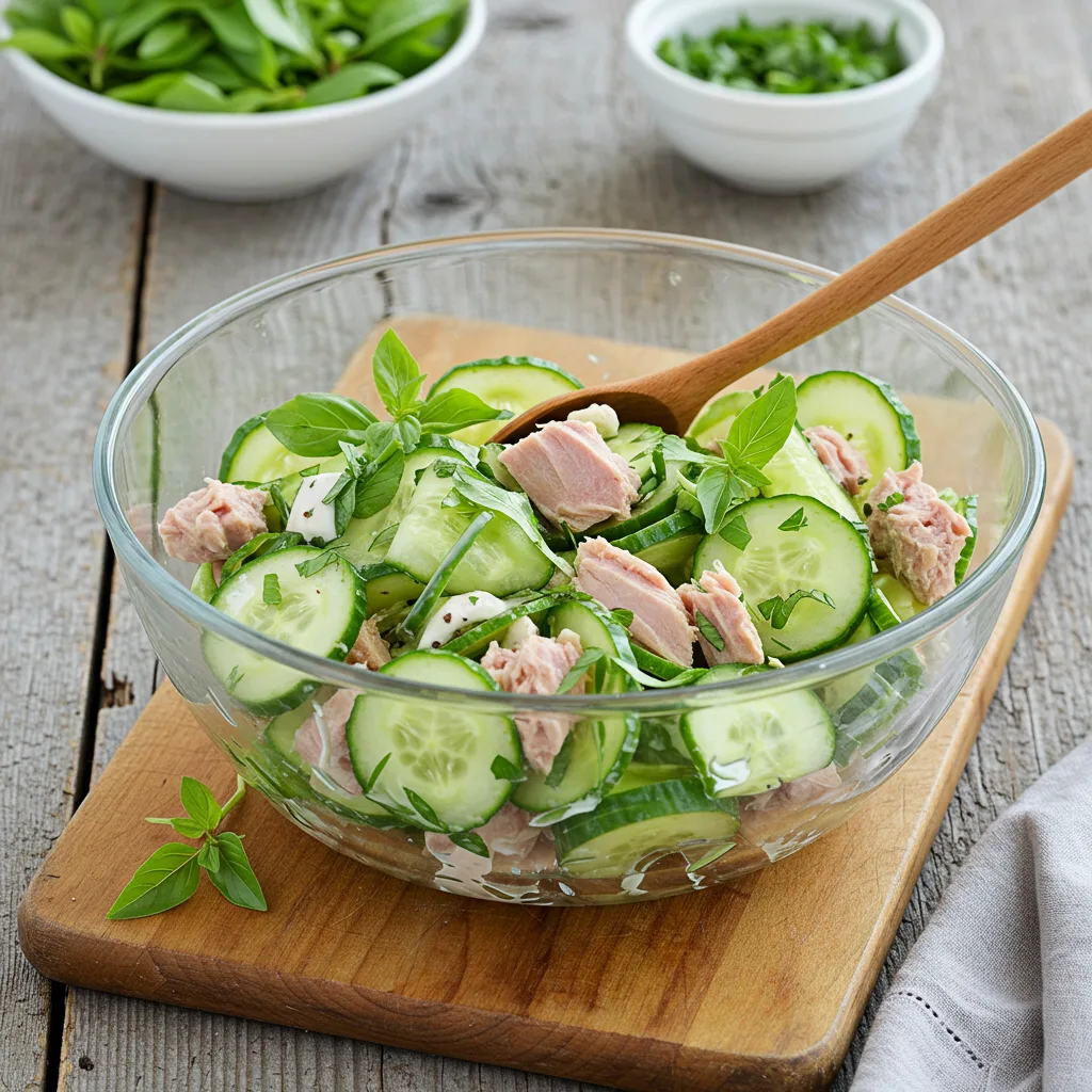 tuna types cucumber salad in a glass bowl with fresh cucumbers and herbs