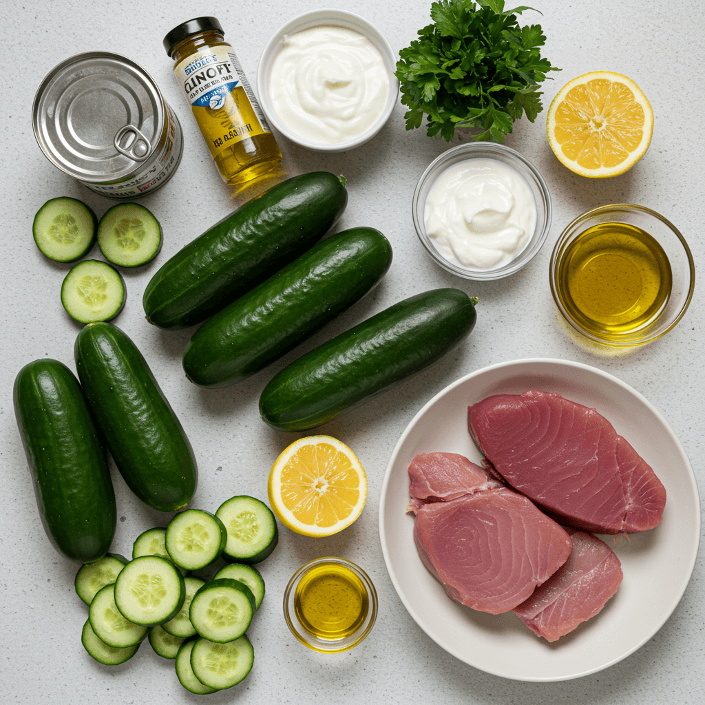 ingredients for tuna types cucumber salad with cucumbers, tuna, and herbs